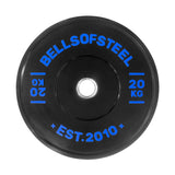 The Dead Bounce Conflict Bumper Plate by Bells of Steel is a black plate made from durable virgin rubber, featuring blue text ("BELLS OF STEEL," "20 KG," "0.9," "EST. 2010") and a central hole for easy barbell mounting—perfect for lifters.