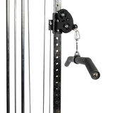 Close-up of the Bells of Steel Fat Bar - Lat Pulldown Bar attached to a gym rack, featuring a black textured grip handle with carabiner and pulley system—perfect for enhancing grip strength during strength training.