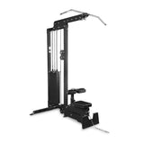 The Bells of Steel Lat Pulldown Low Row Machine is a black unit with a seated bench, weight stack, footrests, and long pull-down bar designed for upper body strength training.