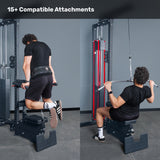 Side-by-side images show a person using the Bells of Steel Lat Pulldown Low Row Machine: performing dips on the left and a lat pulldown on the right. Text above states “15+ Compatible Attachments” in a modern fitness facility setting.