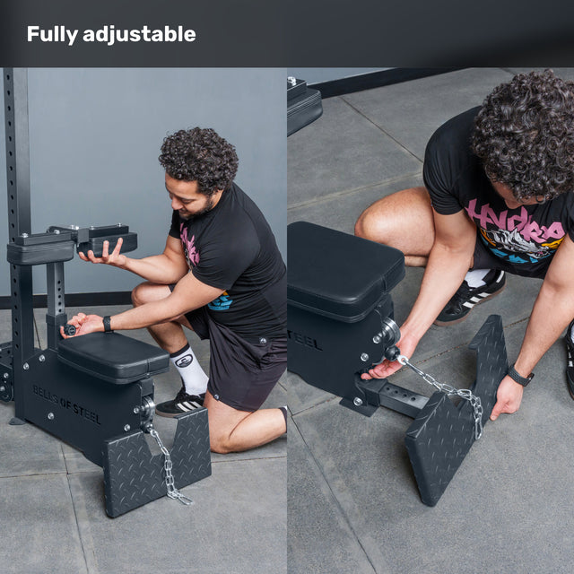 A man adjusts the Bells of Steel Lat Pulldown Low Row Machine, a black selectorized stack unit with padded supports and a chain. "Fully adjustable" appears above. The machine is in a gym with gray floors and walls.