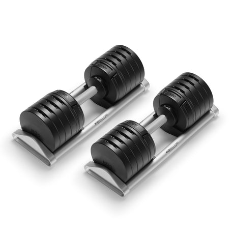 NÜOBELL-S Adjustable Dumbbells by Bells of Steel—a pair of black, precision-engineered dumbbells with multiple weight plates on a silver stand, perfect for any home gym, set against a white background.