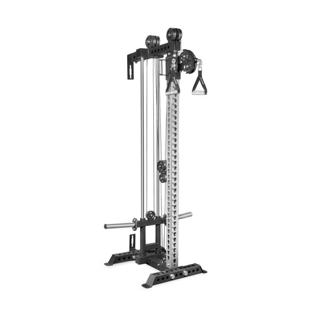 The Bells of Steel Oblivyon Tower - 3" x 3” Cable Tower is a freestanding home gym machine with adjustable height, dual handles, weight selector pins, and a sturdy metal frame—ideal for resistance and strength training next to your squat rack.