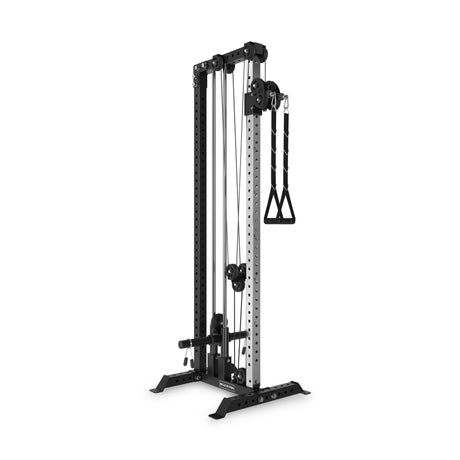 The Bells of Steel Cable Tower is a black and silver cable machine with adjustable pulleys, metal frame, weight stack, and single handle—ideal for versatile strength training exercises.