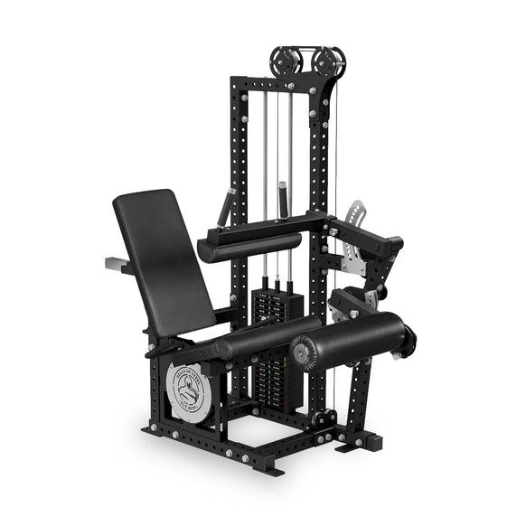 The Bells of Steel Basilisk Stack Loaded Leg Extension / Leg Curl is a black, multi-functional gym machine with a padded seat, adjustable backrest, pulleys, and a 310 lb weight stack for leg and arm workouts.