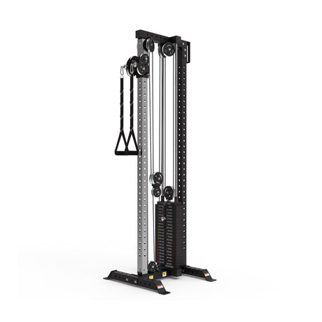 The Bells of Steel Cable Tower is a black and silver strength training machine with adjustable weights, a weight stack, two handles, and a sturdy frame.