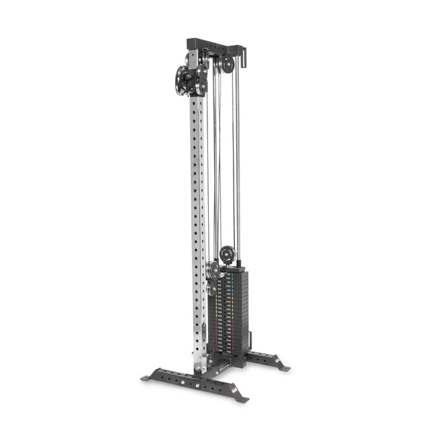 The Bells of Steel Cable Tower features weight stacks, a metal frame, adjustable handles, and multiple height settings, making it ideal for strength training and resistance workouts.
