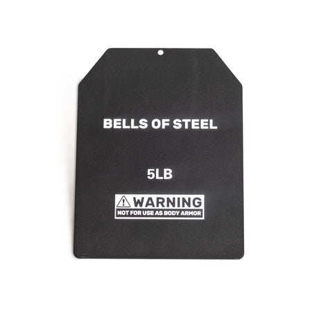 The Bells of Steel Weighted Vest and Plates features a black rectangular plate with angled top corners, labeled "BELLS OF STEEL 5LB" and a front warning, "NOT FOR USE AS BODY ARMOR," making it ideal for workout use.
